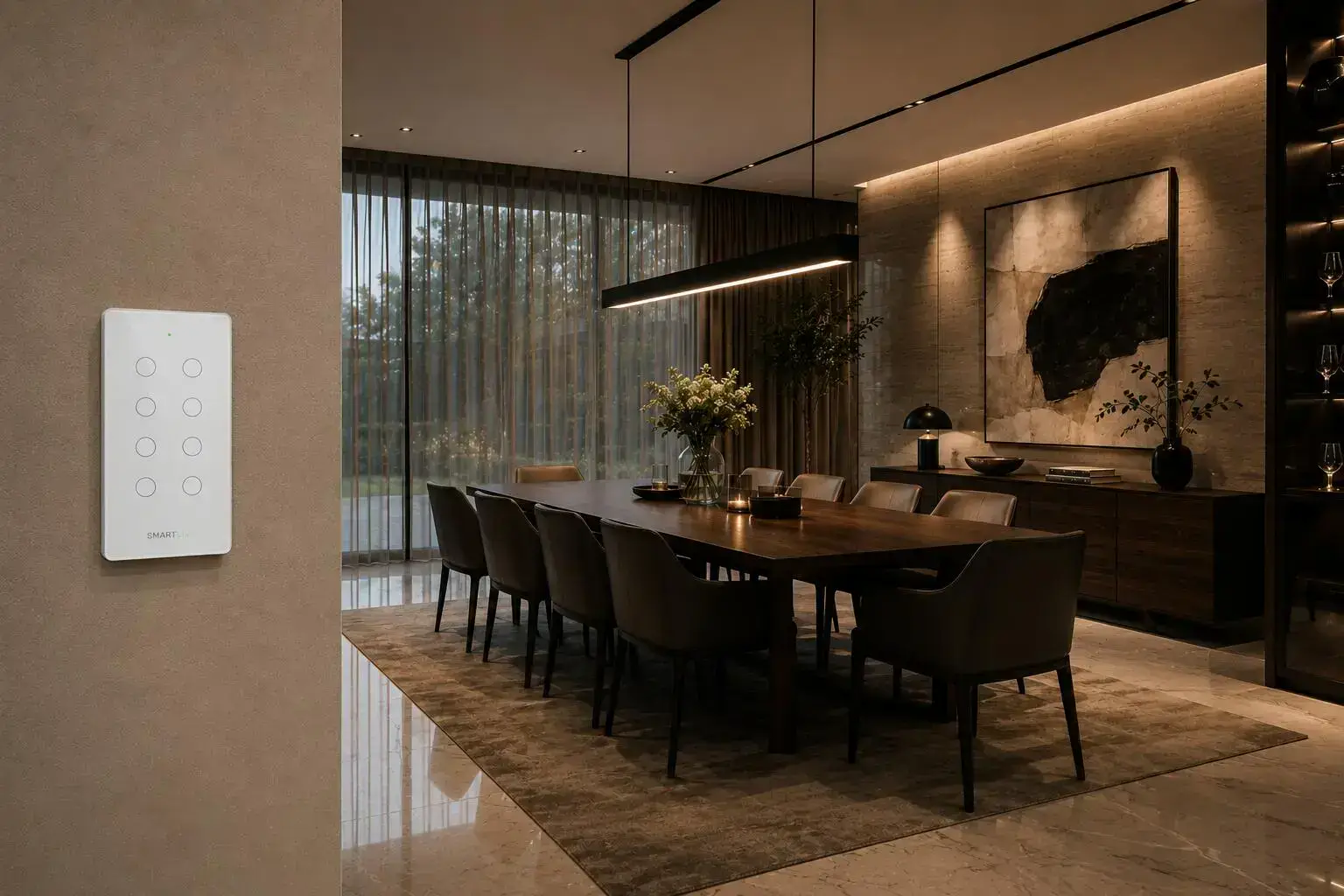 Smart dining room with automated lighting and SmartLiv switches