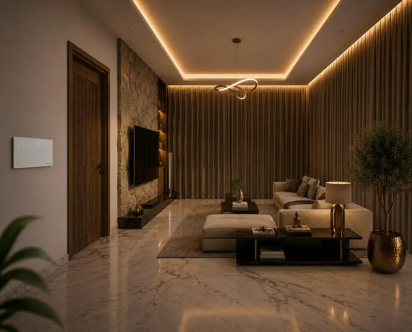 Luxury living room with SmartLiv smart touch switches and intelligent home automation