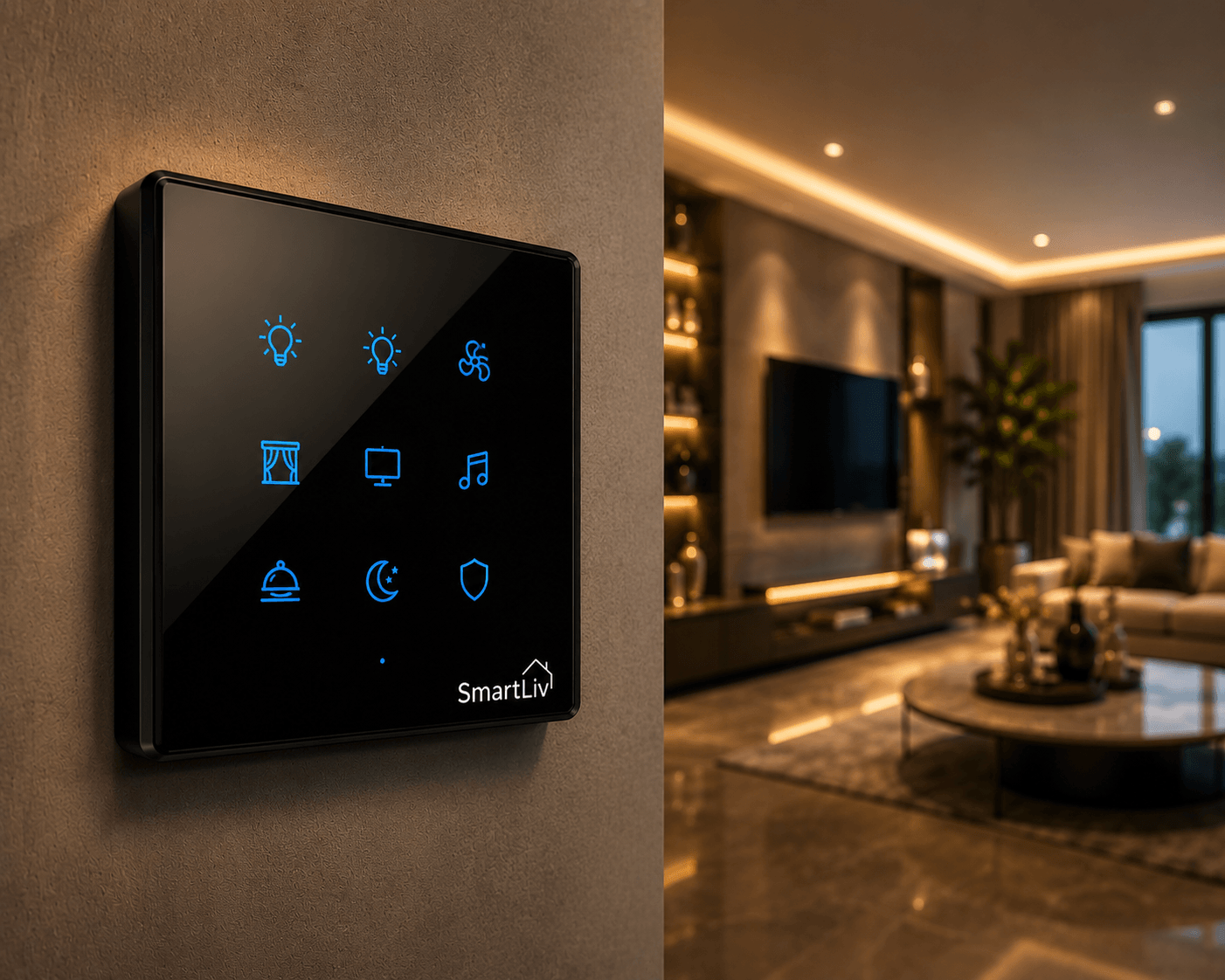 SmartLiv premium smart touch switch with custom laser engraved smart home icons.